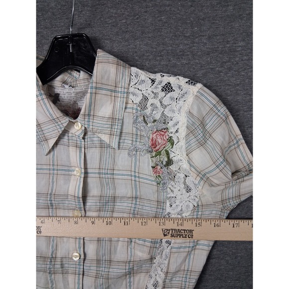 Johnny Was Shirt  XS Plaid Lace Floral‎ Trim Chic Cottage Core Boho Embroidered - Picture 15 of 16